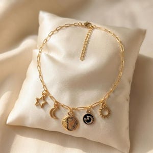 Celestial II Multi Charm Link Necklace, Gold- 20 inch - - LadybugfeetDesigns -
