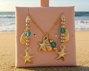 Starfish Seashell Crystal charm necklace and Earring set, Gold