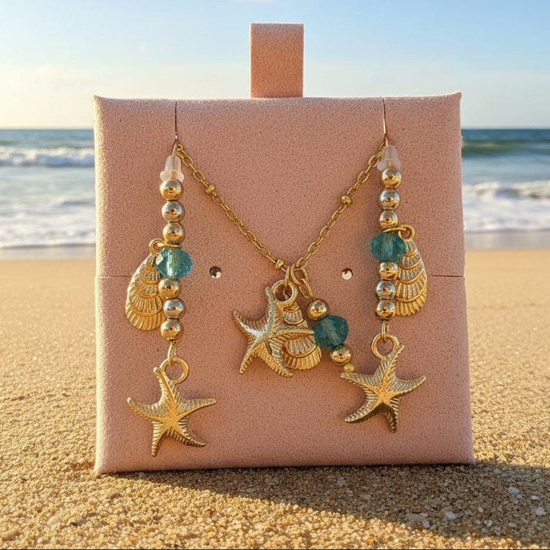 Starfish Seashell Crystal charm necklace and Earring set, Gold - - LadybugfeetDesigns -