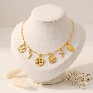 All is Well With my Soul Multi Charm Link Necklace, Gold- 20 inch - - LadybugfeetDesigns -