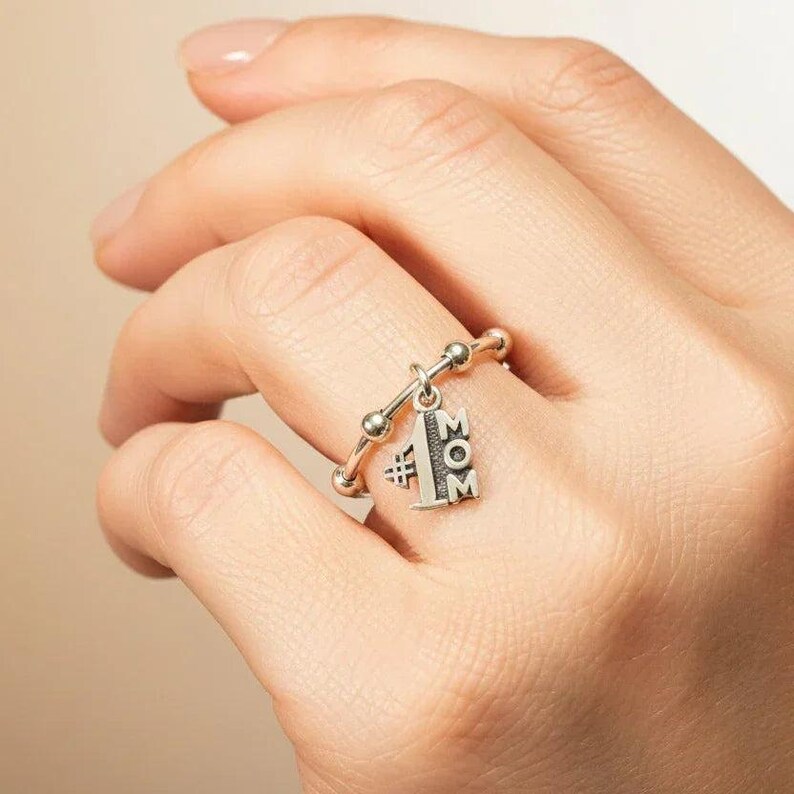 1 Mom Sterling Silver Adjustable Charm Ring - - LadybugfeetDesigns -