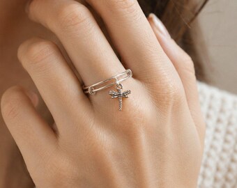 Tiny Dragonfly Adjustable Charm Ring, Silver