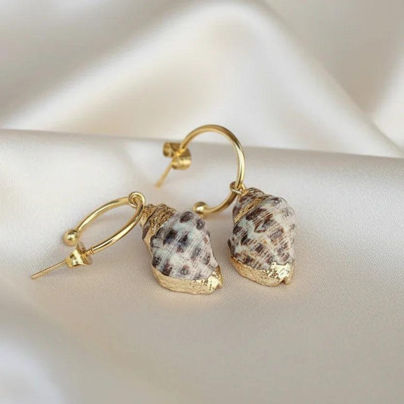 Gold Rimmed Natural Conch Seashell hoop earrings, Gold - 16mm - - LadybugfeetDesigns -