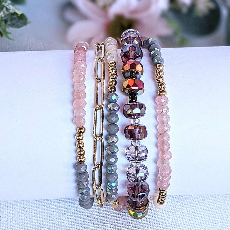 Pink Champagne Crystal Beaded Endless wrap bracelet - - LadybugfeetDesigns -