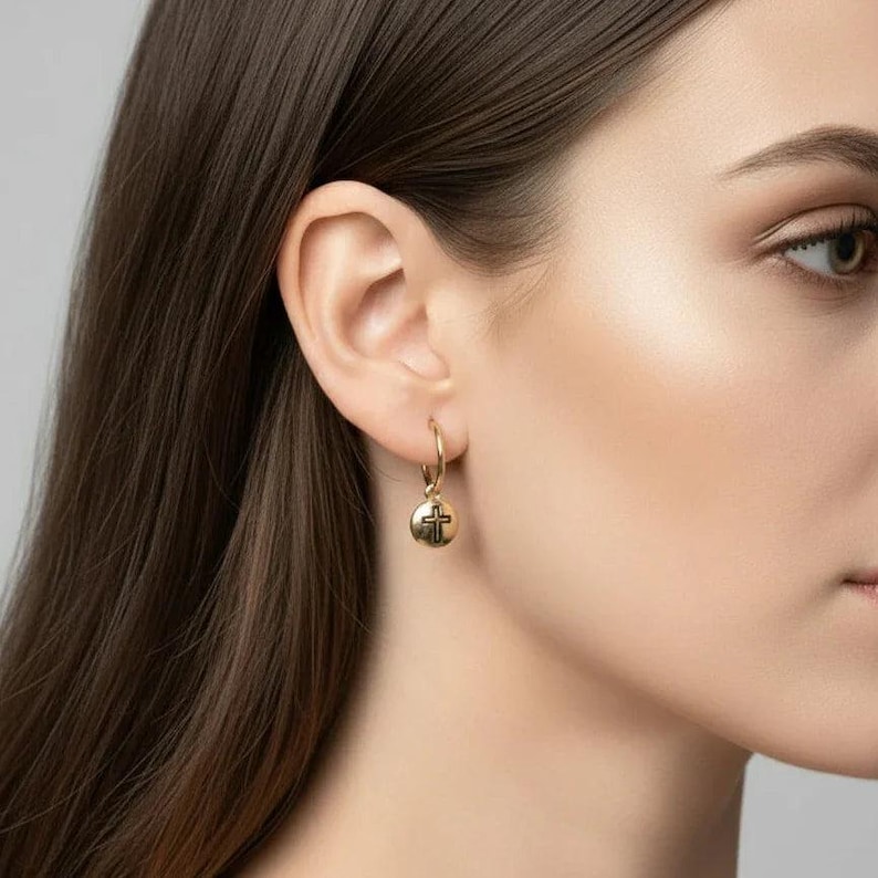 Cross Gold Hoop earrings, Gold - 16mm - - LadybugfeetDesigns -