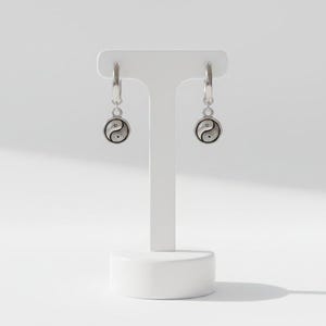 Yin Yang Huggie Hoop earrings, Silver - 12mm - - LadybugfeetDesigns -