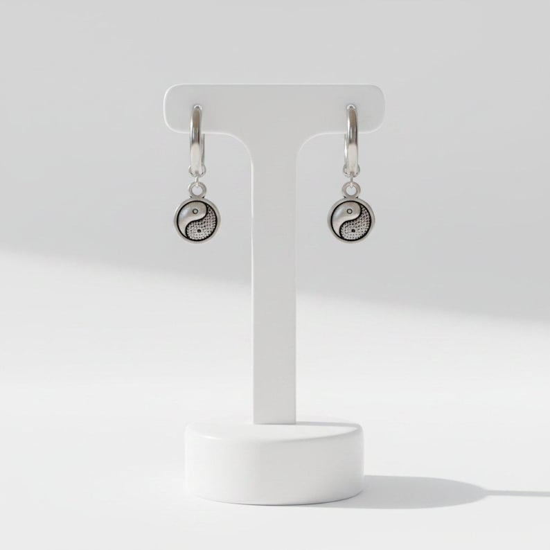 Yin Yang Huggie Hoop earrings, Silver - 12mm - - LadybugfeetDesigns -