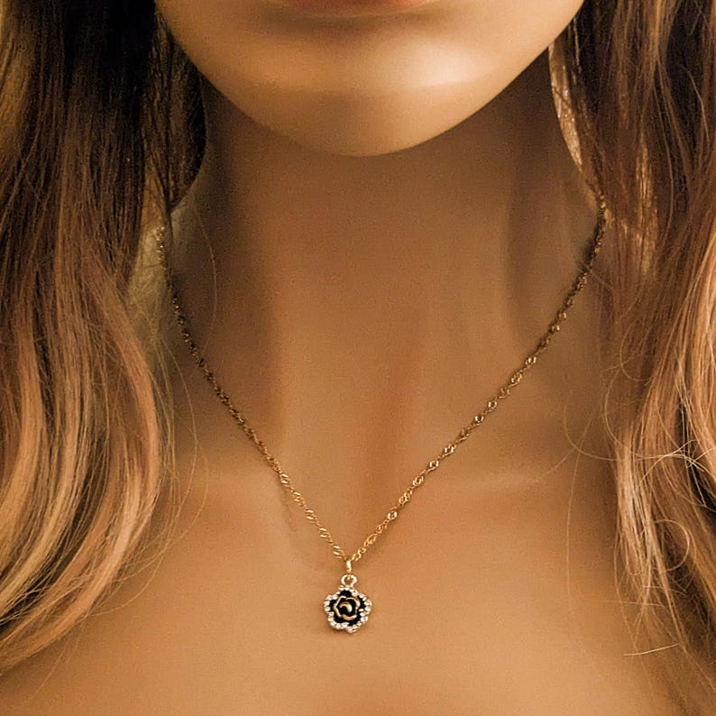 Sparkly Black Rose necklace, Gold- 20 inch - - LadybugfeetDesigns -