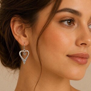 Large Fancy Heart Hook Earrings, Silver - - LadybugfeetDesigns -