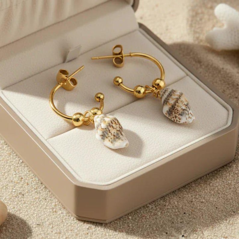 Genuine Conch Shell Hoop Earrings, Gold - 16mm - - LadybugfeetDesigns -