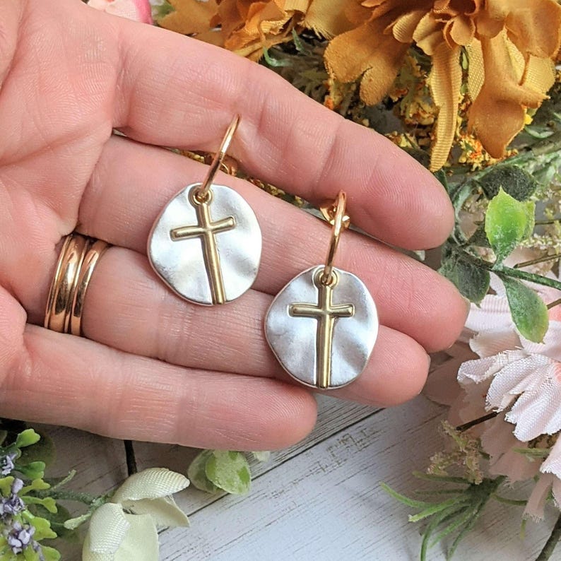 Cross Two-Tone Dangle Earrings - - LadybugfeetDesigns -