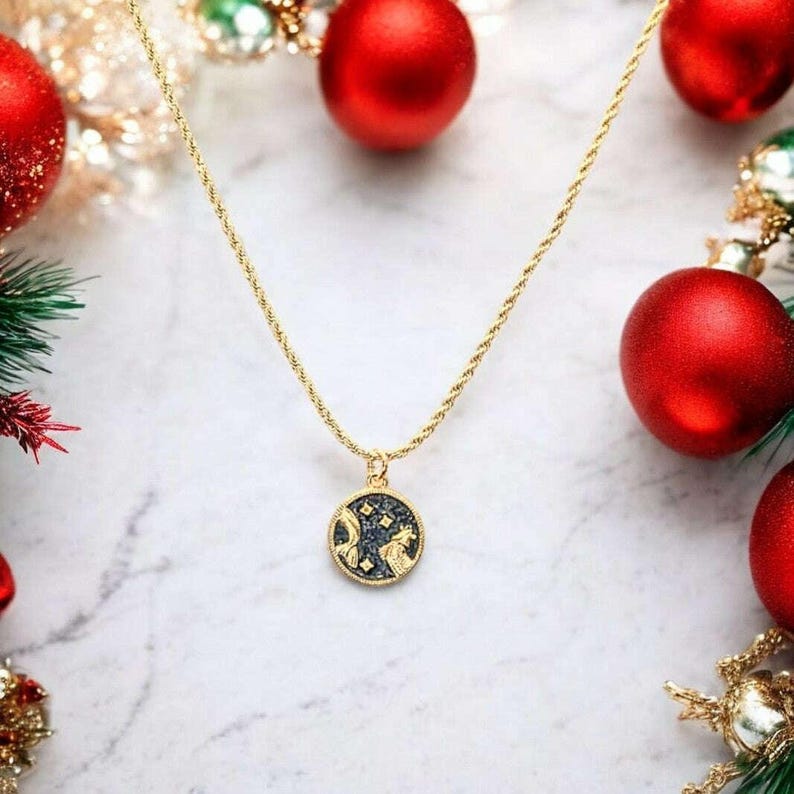Blue Enamel Zodiac Pendant Necklace, Gold - 20 inches - - LadybugfeetDesigns -