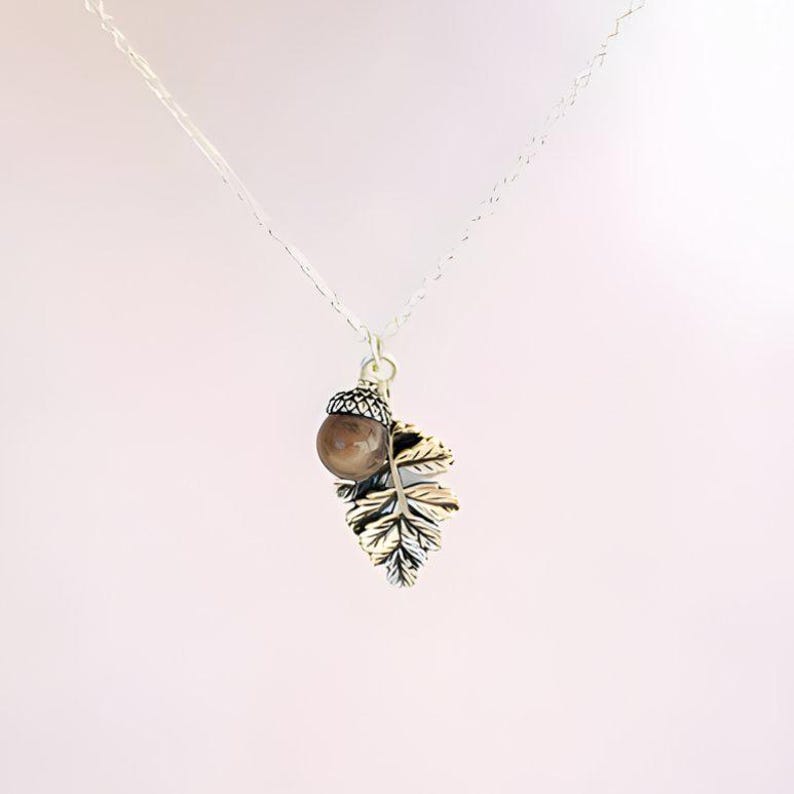 Acorn Oak Leaf Necklace, Silver - - LadybugfeetDesigns -