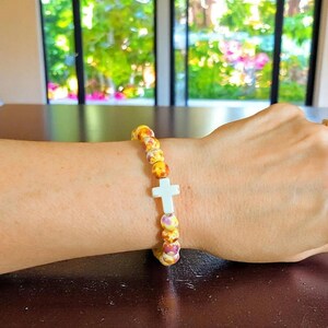 Yellow Fuchsia Beaded Cross Stretch bracelet - - LadybugfeetDesigns -