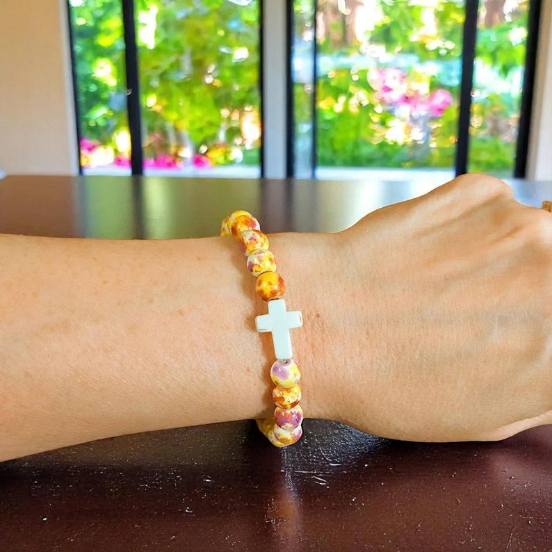 Yellow Fuchsia Beaded Cross Stretch bracelet - - LadybugfeetDesigns -