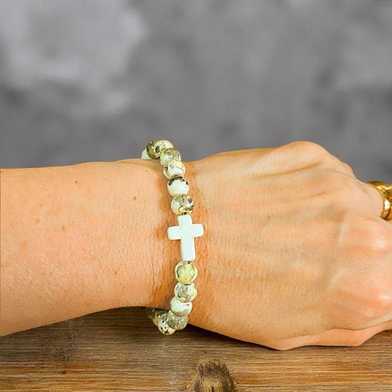 Earthy Green Ivory Beaded Cross Stretch bracelet - - LadybugfeetDesigns -