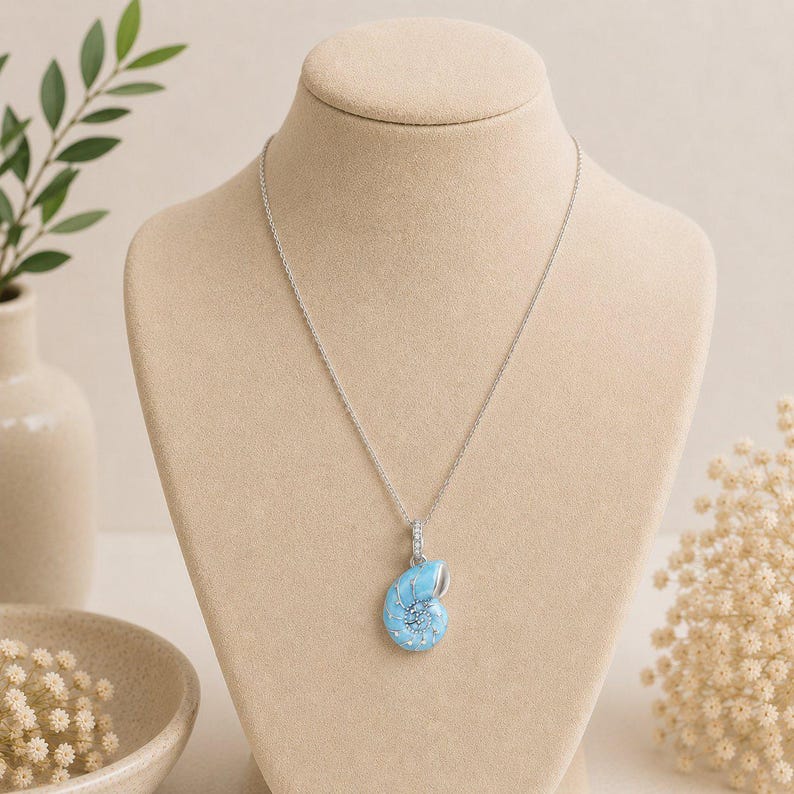 Blue Sea Snail Necklace, 20 inches - Silver - - LadybugfeetDesigns -