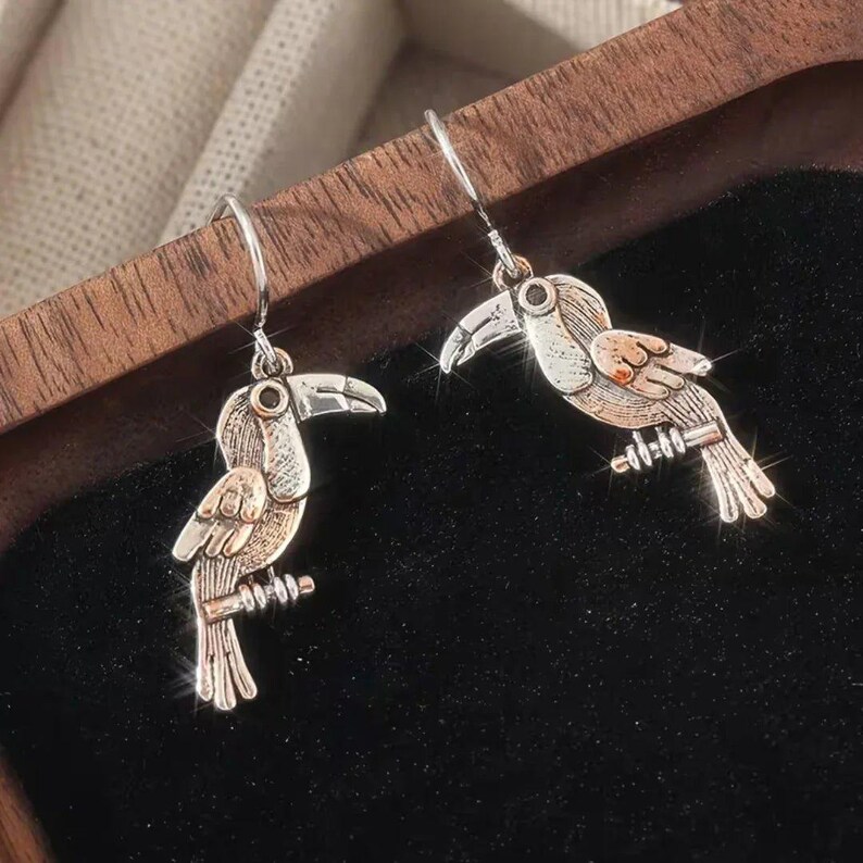 Rustic Toucan Hook Earrings, Silver - - LadybugfeetDesigns -