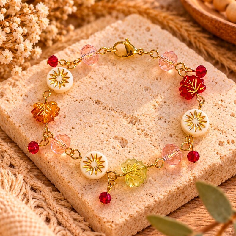 Botanical Starburst Crystal Bead Bracelet, Gold - - LadybugfeetDesigns -