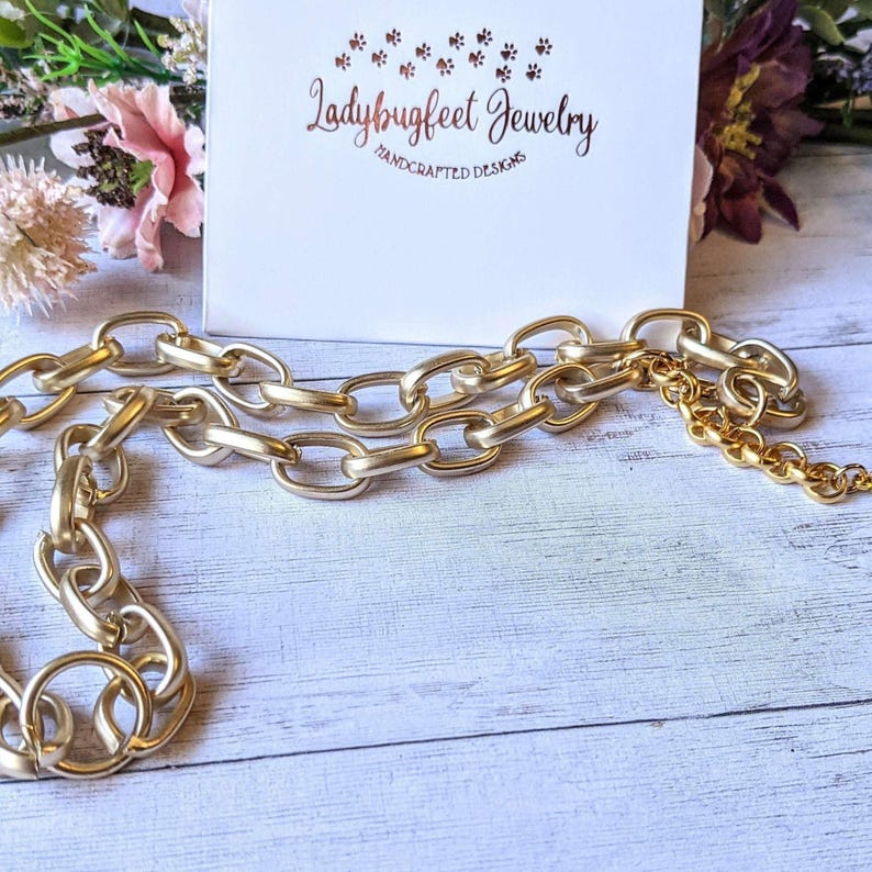 Shiny Gold Matte Oval Link Necklace, 18.5 inch - - LadybugfeetDesigns -