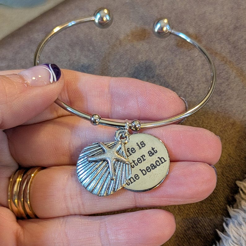Life is Better at the Beach Euro Bangle Cuff, Silver - - LadybugfeetDesigns -