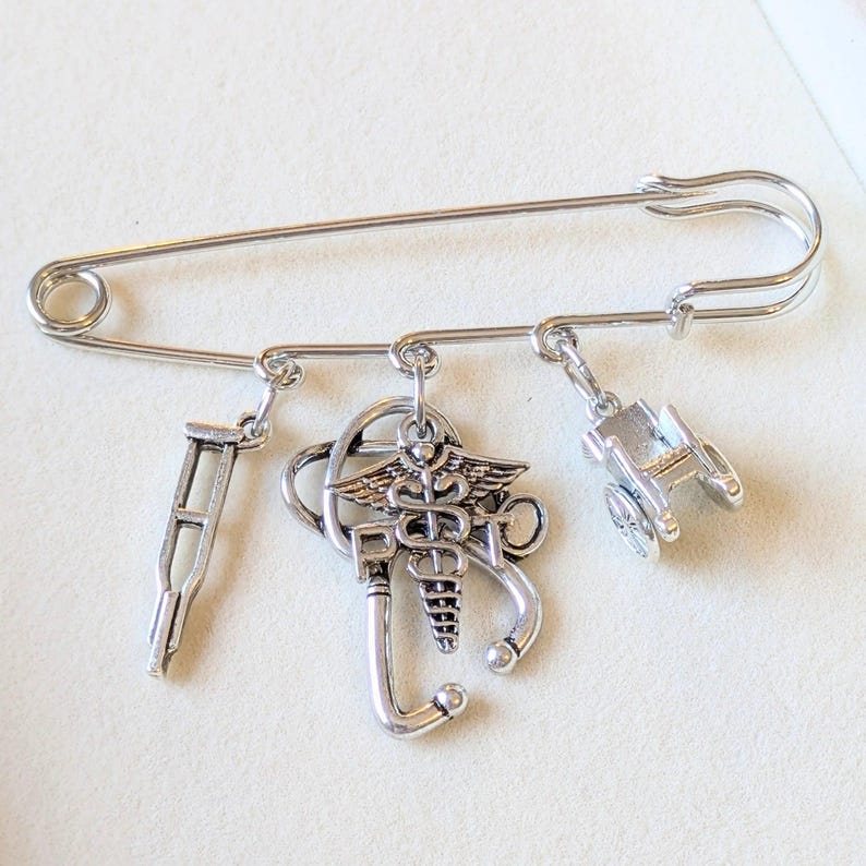PT - Physical Therapist Safety Pin Brooch, Purse Charm - - LadybugfeetDesigns -