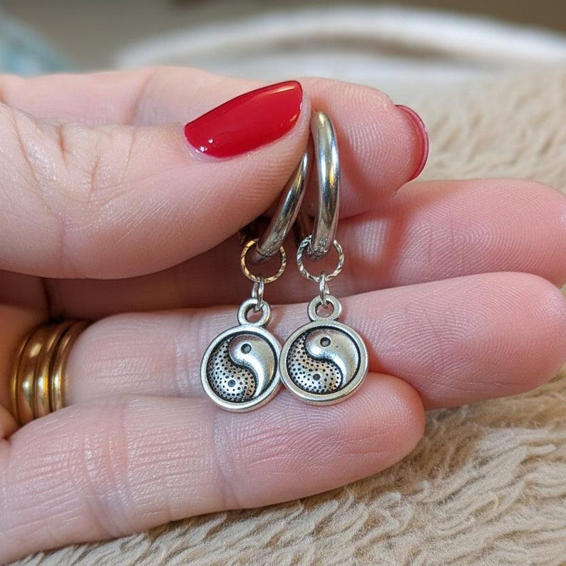 Yin Yang Huggie Hoop earrings, Silver - 12mm - - LadybugfeetDesigns -