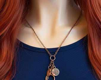 Crescent Moon Charm Keeper Necklace, Antique Copper- 18-24 inch