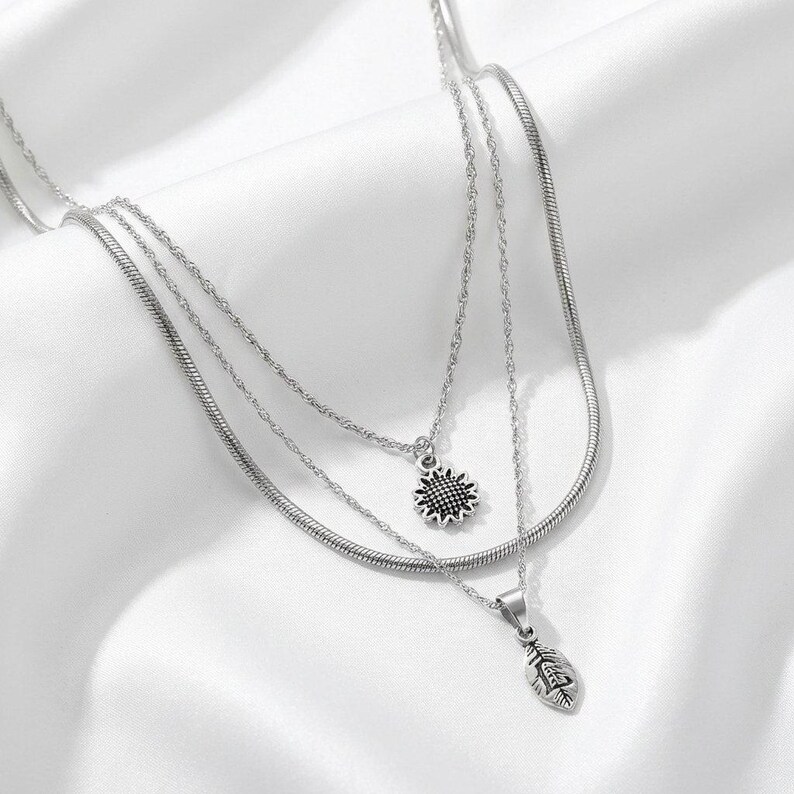 Sunflower Initial Leaf Layered Necklace Set, Silver - - LadybugfeetDesigns -