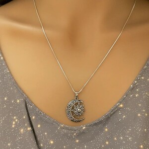 Filigree Crescent Moon Sun Necklace, Sterling Silver- 24 inches - - LadybugfeetDesigns -