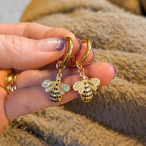 CZ Honeybee Hoop earrings, Gold -12mm - - LadybugfeetDesigns -