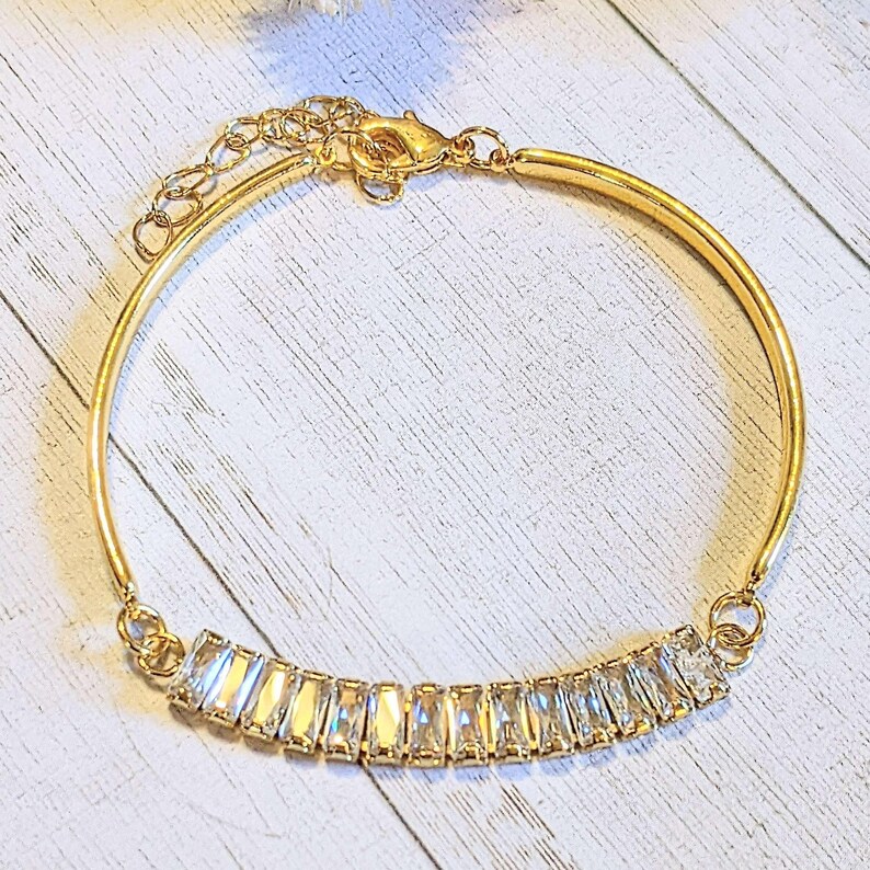 Gold CZ Baguette Bangle Bracelet, Large - - LadybugfeetDesigns -