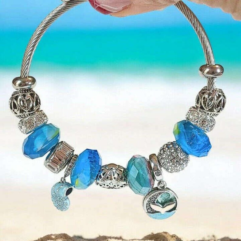 Ocean Lover Euro Cuff Wrap Bracelet, Silver - - LadybugfeetDesigns -