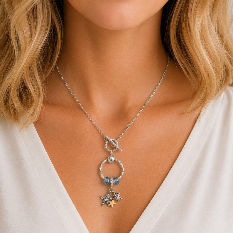 Sea Life Sterling Silver Toggle Charm Necklace, 20 inches - - LadybugfeetDesigns -