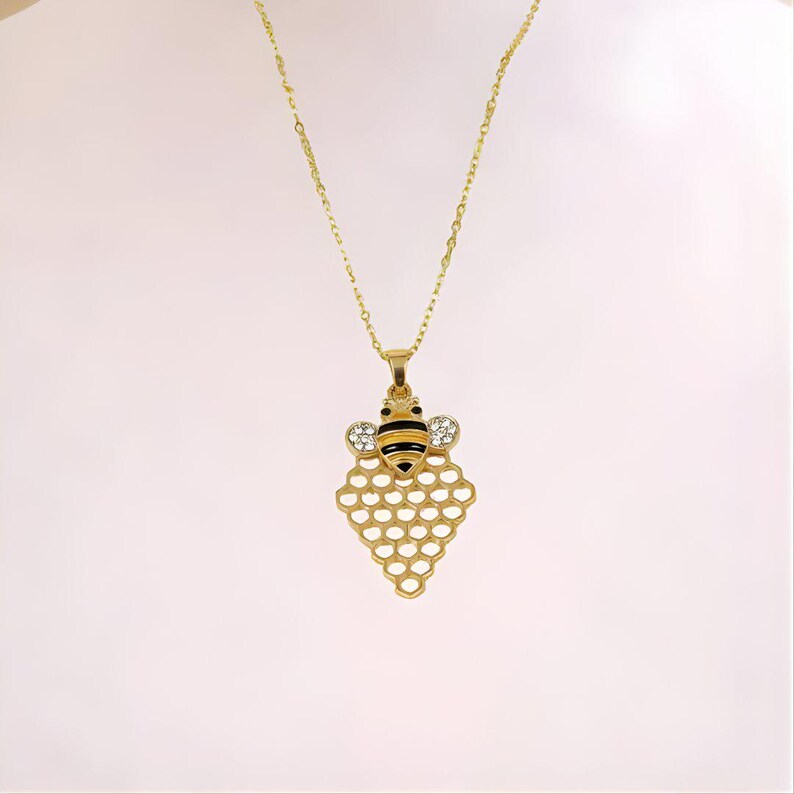 Honey Bee Honeycomb charm necklace and Earring set, Gold - - LadybugfeetDesigns -