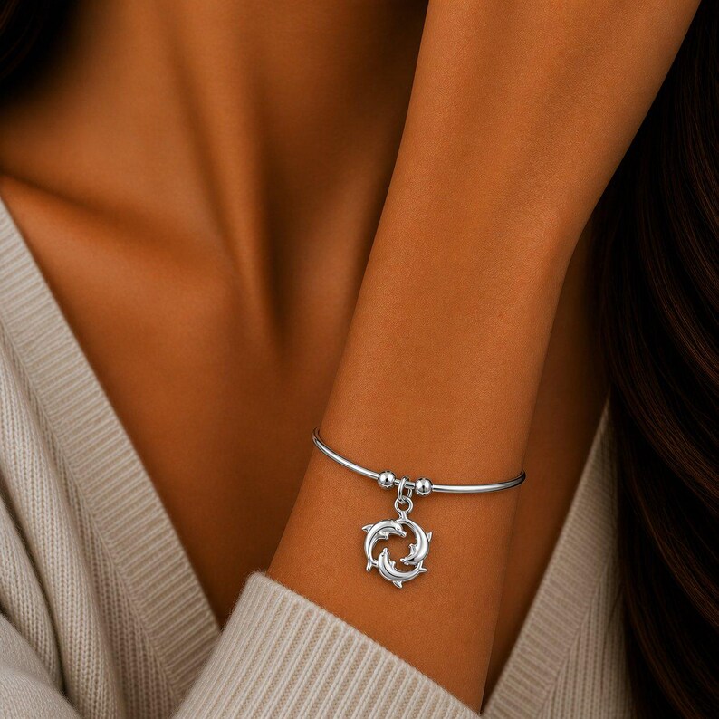Dolphin Trio Euro Bangle Cuff, Silver - - LadybugfeetDesigns -