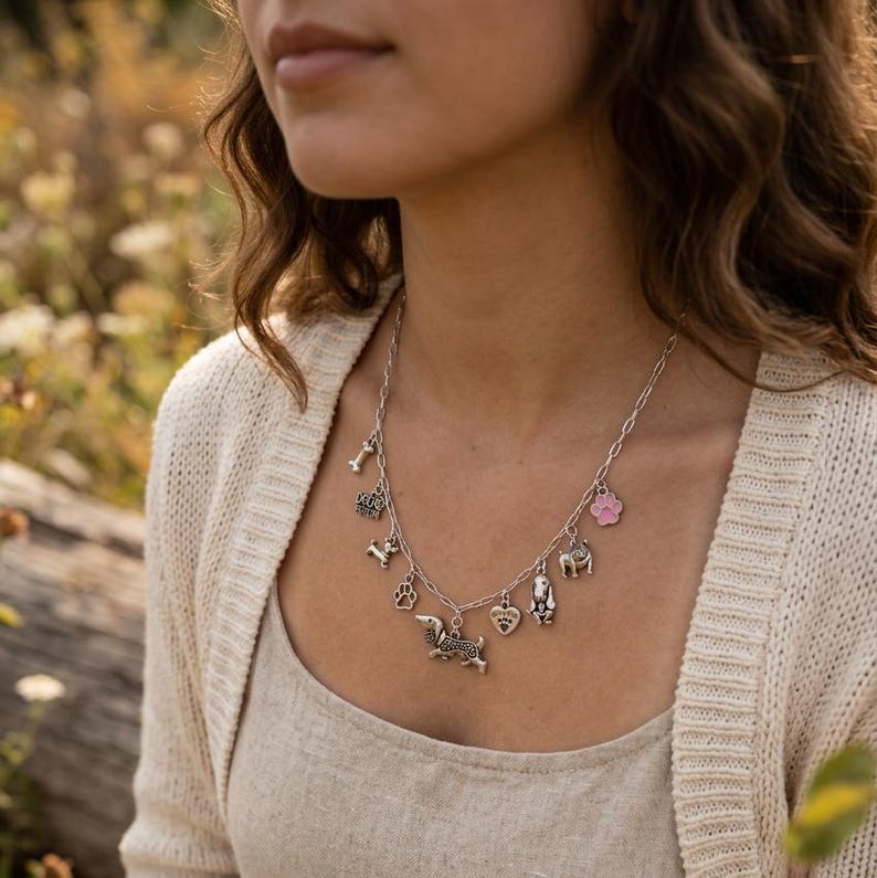 Dog Person Multi Charm Link Necklace, Silver - 20 inch - - LadybugfeetDesigns -