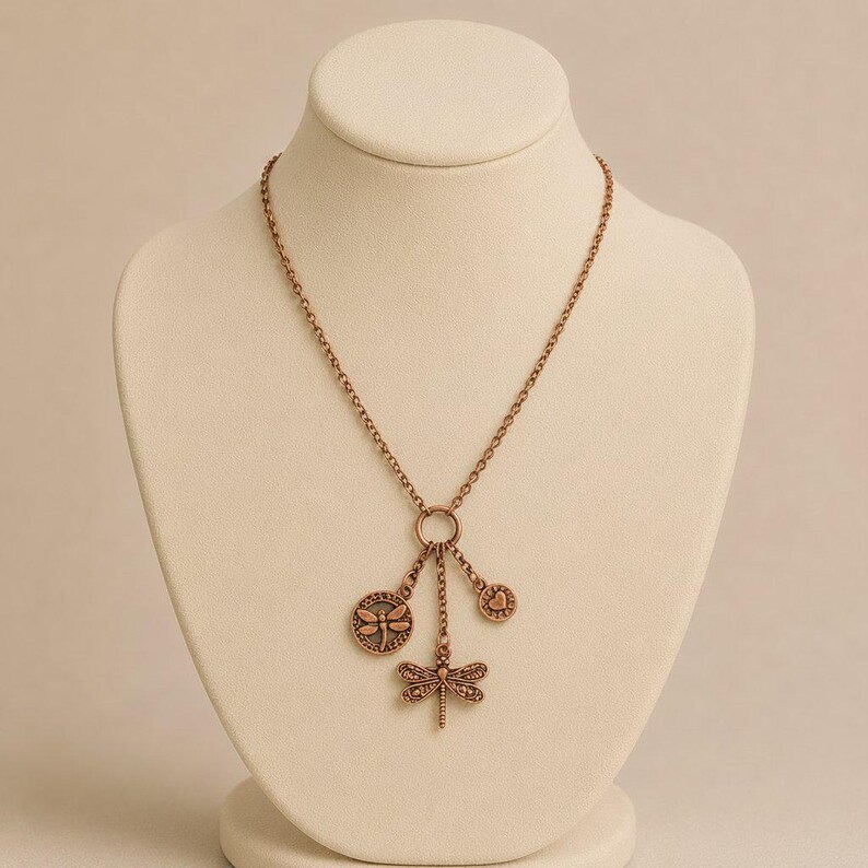 Dragonfly Charm Keeper Necklace, Antique Copper - 18-24 inch - - LadybugfeetDesigns -