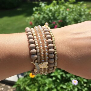 Hummingbird Crystal Beaded Gold Wrap Bracelet - - LadybugfeetDesigns -