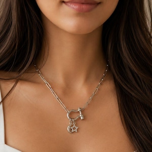 Celestial Moon CZ Star Shackle Clasp Carabiner Necklace, Silver - 20 inch - - LadybugfeetDesigns -