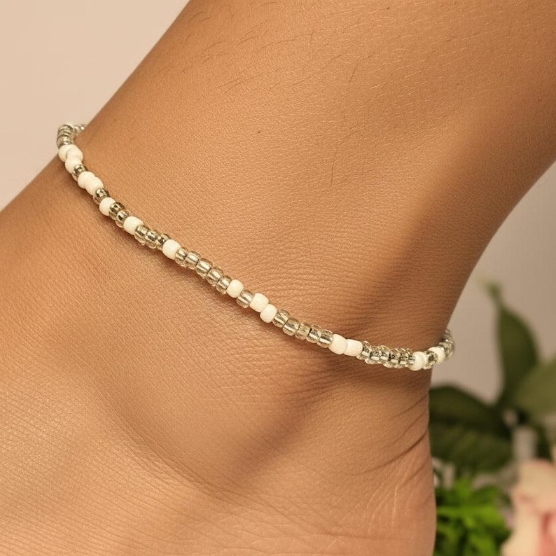 Beaded Stretch Cord Anklet-Clear Breeze - - LadybugfeetDesigns -