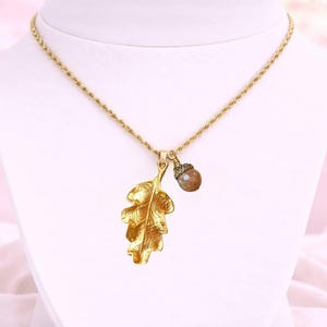 Moonstone Acorn Oak Leaf Necklace, Gold - - LadybugfeetDesigns -