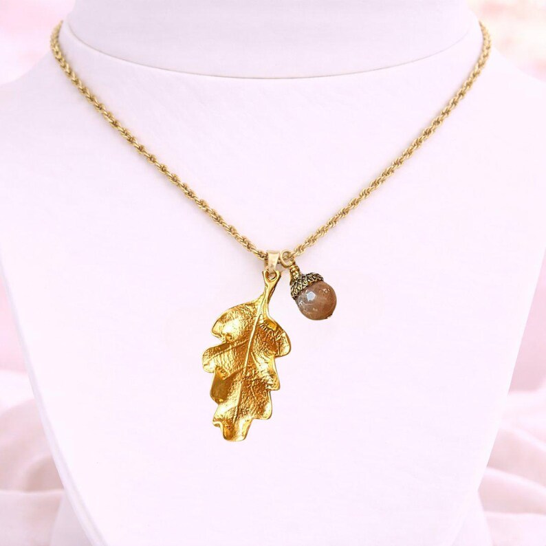 Moonstone Acorn Oak Leaf Necklace, Gold - - LadybugfeetDesigns -
