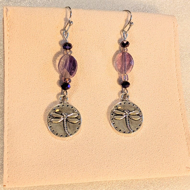 Fluorite Dragonfly Beaded Hook Earrings, Silver - - LadybugfeetDesigns -