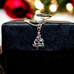 Christmas Tree Charm Dangle Wrap Ring - - LadybugfeetDesigns -