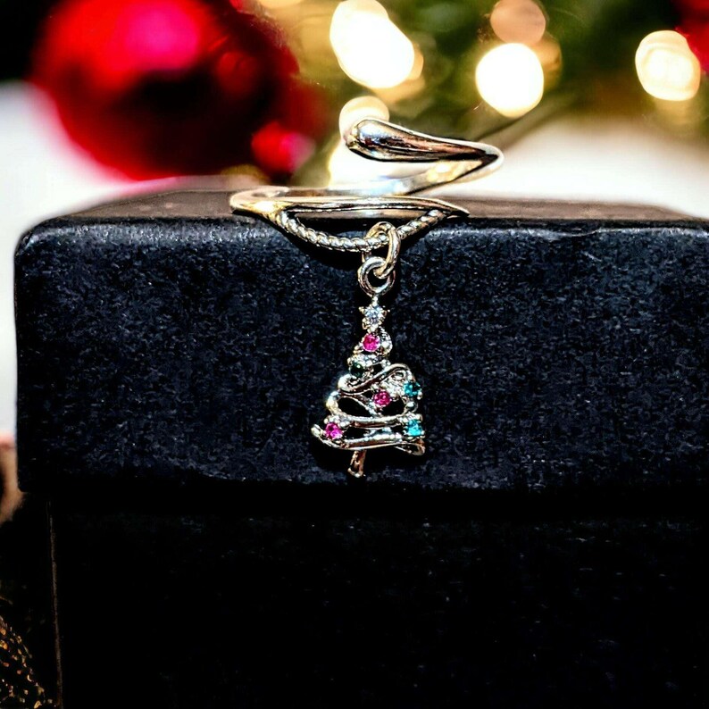 Christmas Tree Charm Dangle Wrap Ring - - LadybugfeetDesigns -