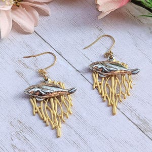 Silver Manatee Gold Seaweed Forest earrings - - LadybugfeetDesigns -