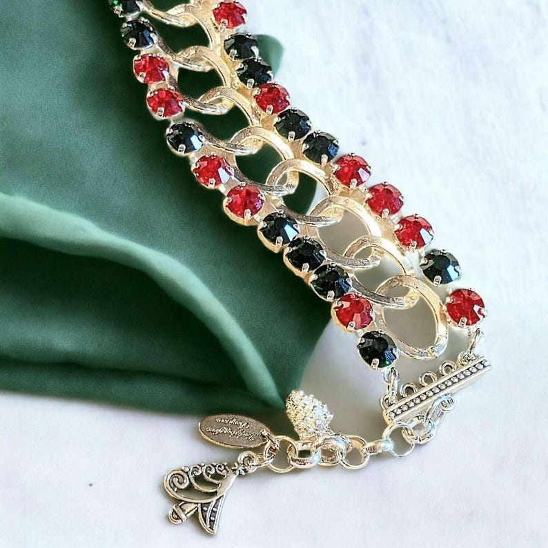 Red and Deep Green Multi Faceted Crystal Bracelet-Large 8 inch - - LadybugfeetDesigns -