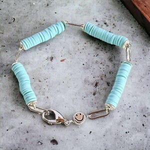 Aqua Blue Smiley Stainless Steel Paperclip Chain Bracelet - - LadybugfeetDesigns -