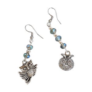 Mismatched Owl crystal hook earrings - - LadybugfeetDesigns -